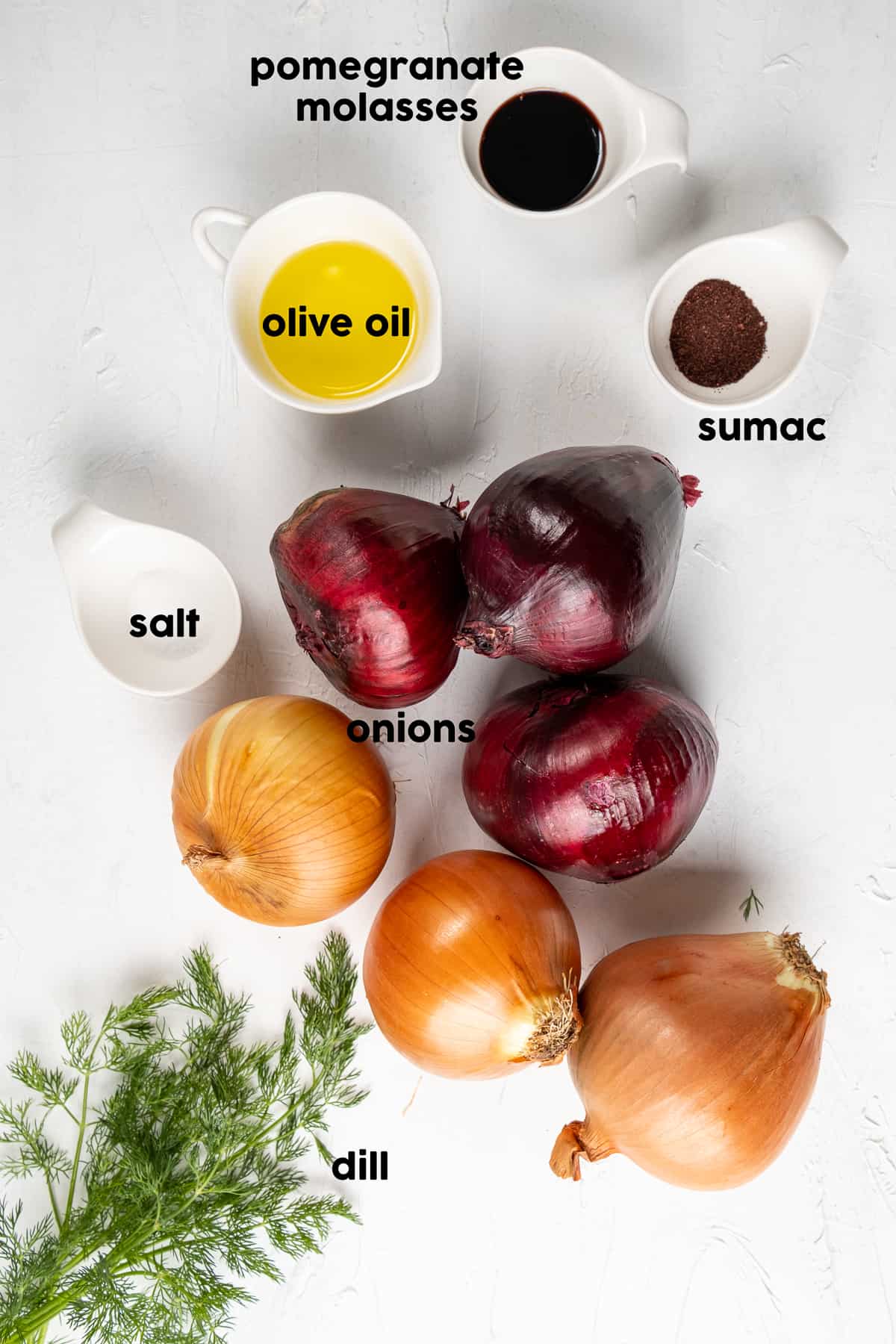 红洋葱，棕洋葱，新鲜的莳萝，橄榄油，石榴糖浆，漆树和盐，在浅色的背景上。