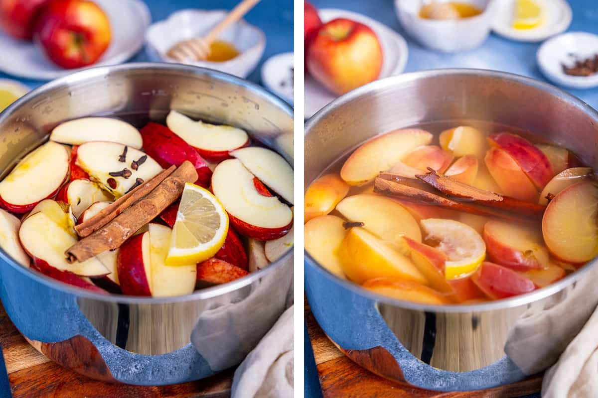 这是两张拼贴图，展示了如何煮苹果和香料来制作苹果茶。