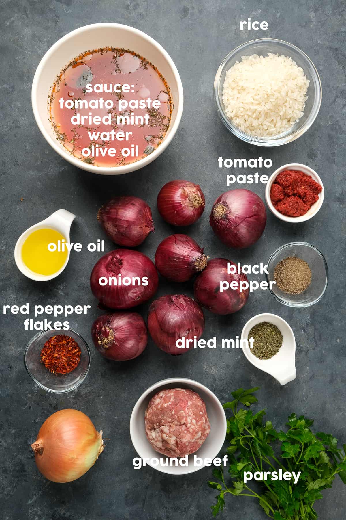 紫洋葱，番茄酱，碎牛肉，米饭，红辣椒片，干薄荷，番茄酱，黑胡椒，干薄荷，深色背景上的欧芹。