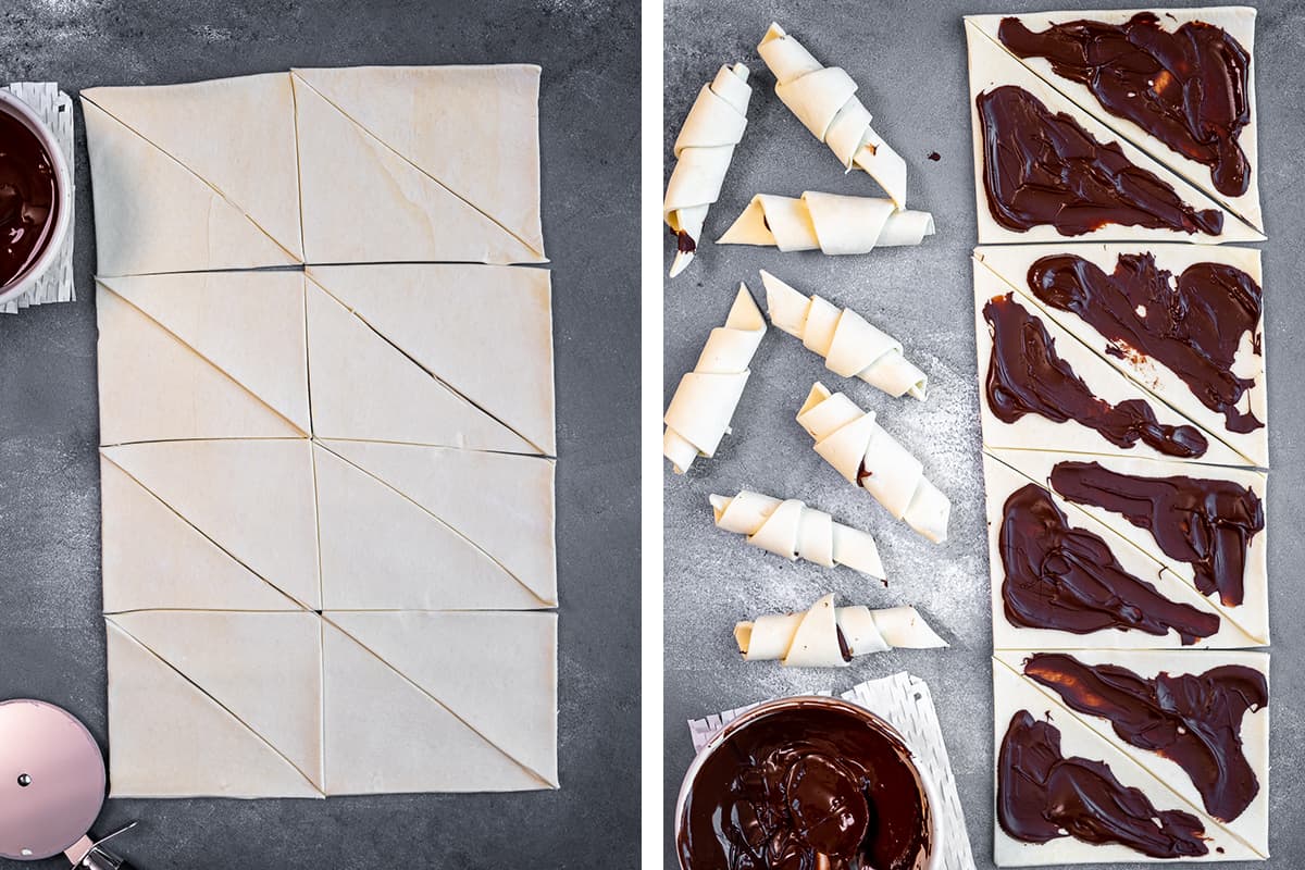 这是两张拼贴图，展示了如何切一个酥皮，以及如何在里面填上巧克力。