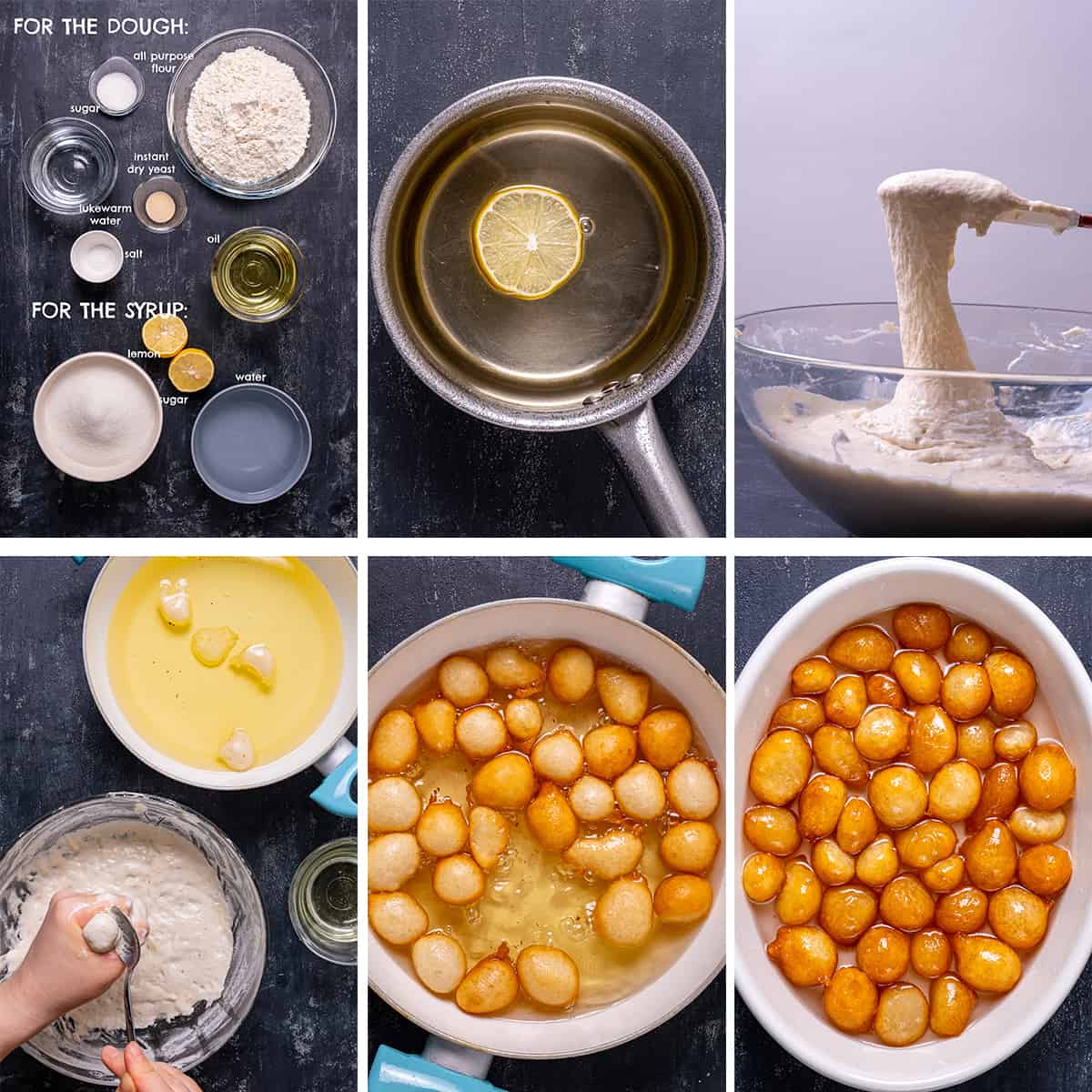 六张拼贴图片展示如何制作lokma甜点。