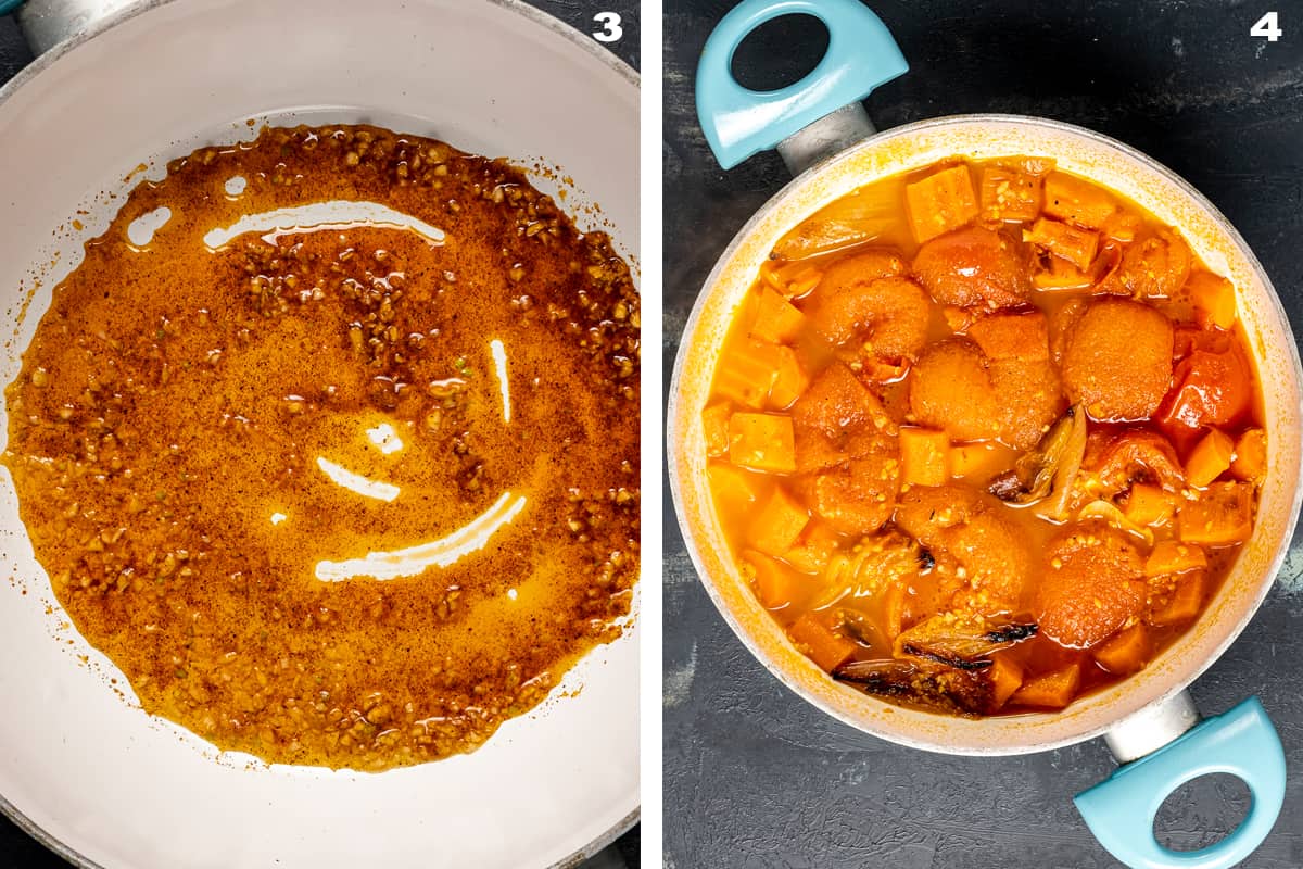 两张图片结合在一起，展示了平底锅里的辣椒油，以及用它烹饪烤胡萝卜和西红柿。