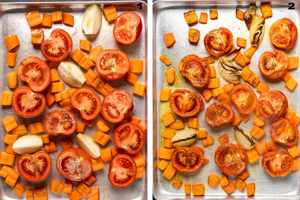 两张图片结合起来展示了如何烤西红柿、胡萝卜和洋葱。