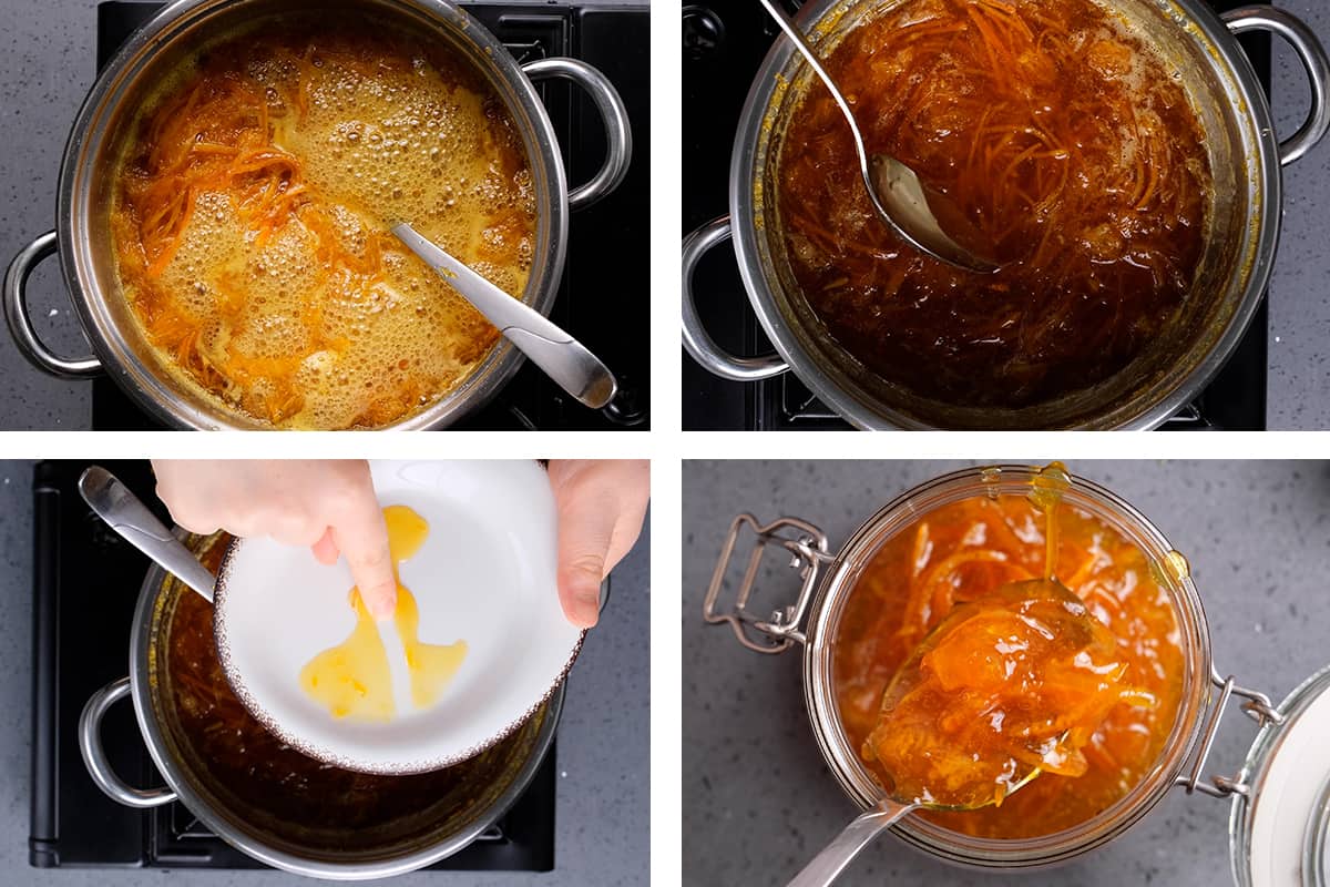 四张展示如何制作橘子果酱的拼贴画。