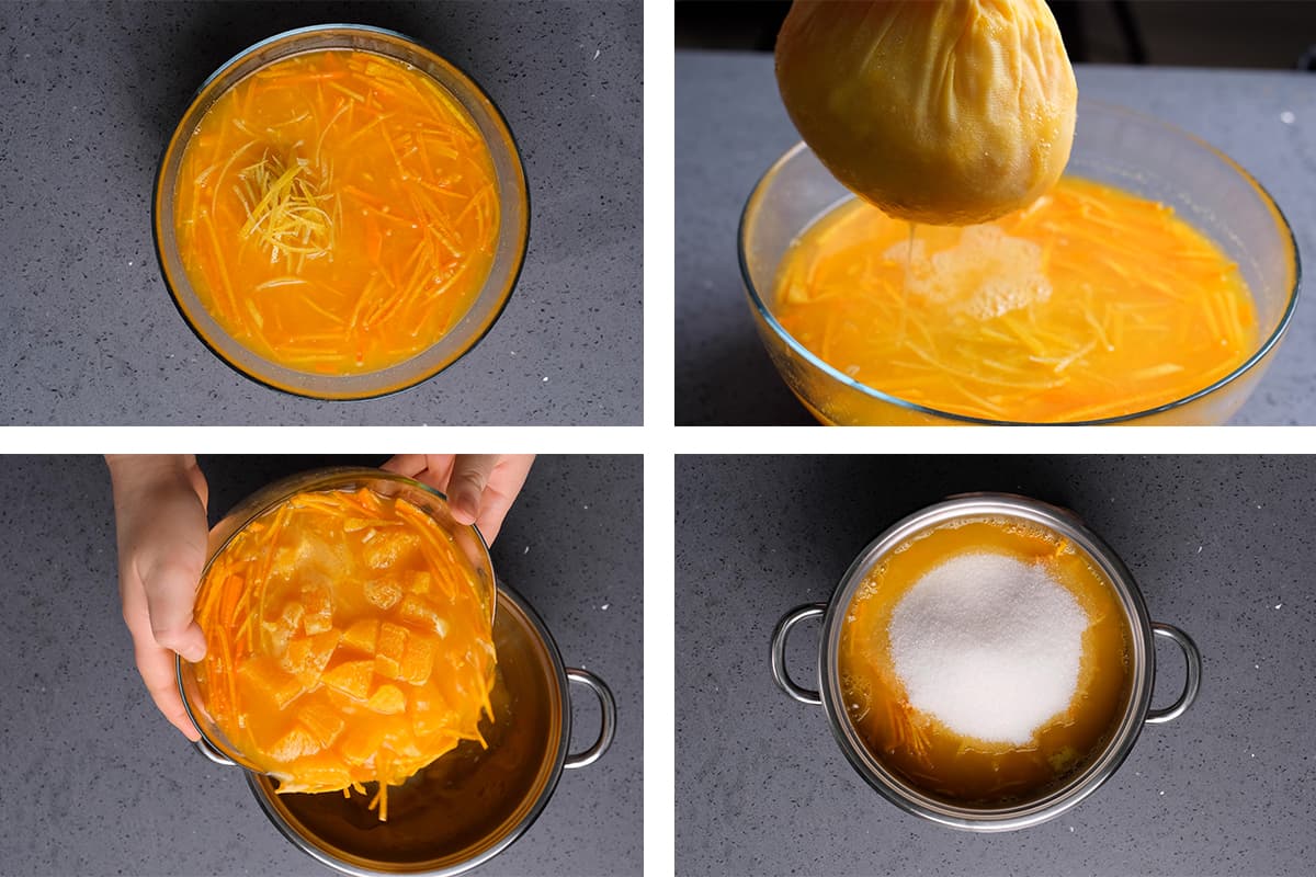 四张展示如何制作橘子酱的拼贴画。