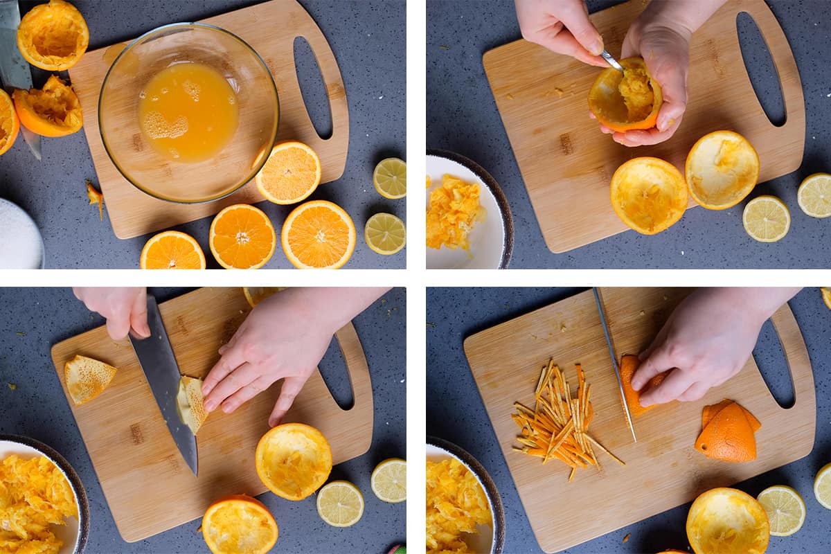 四张图片的拼贴画，展示了如何准备橙子制作橘子酱。