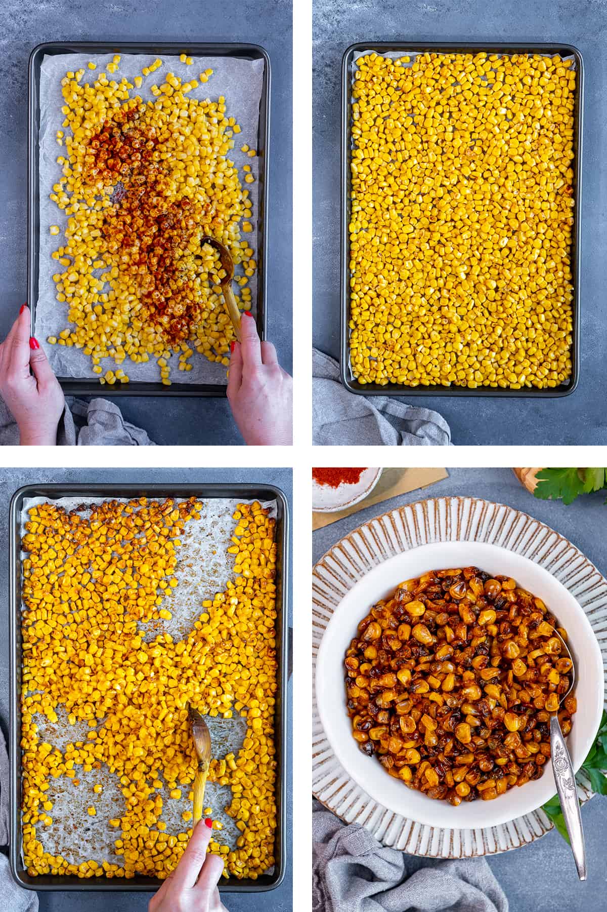 拼贴的四个图片显示的步骤烤玉米粒。