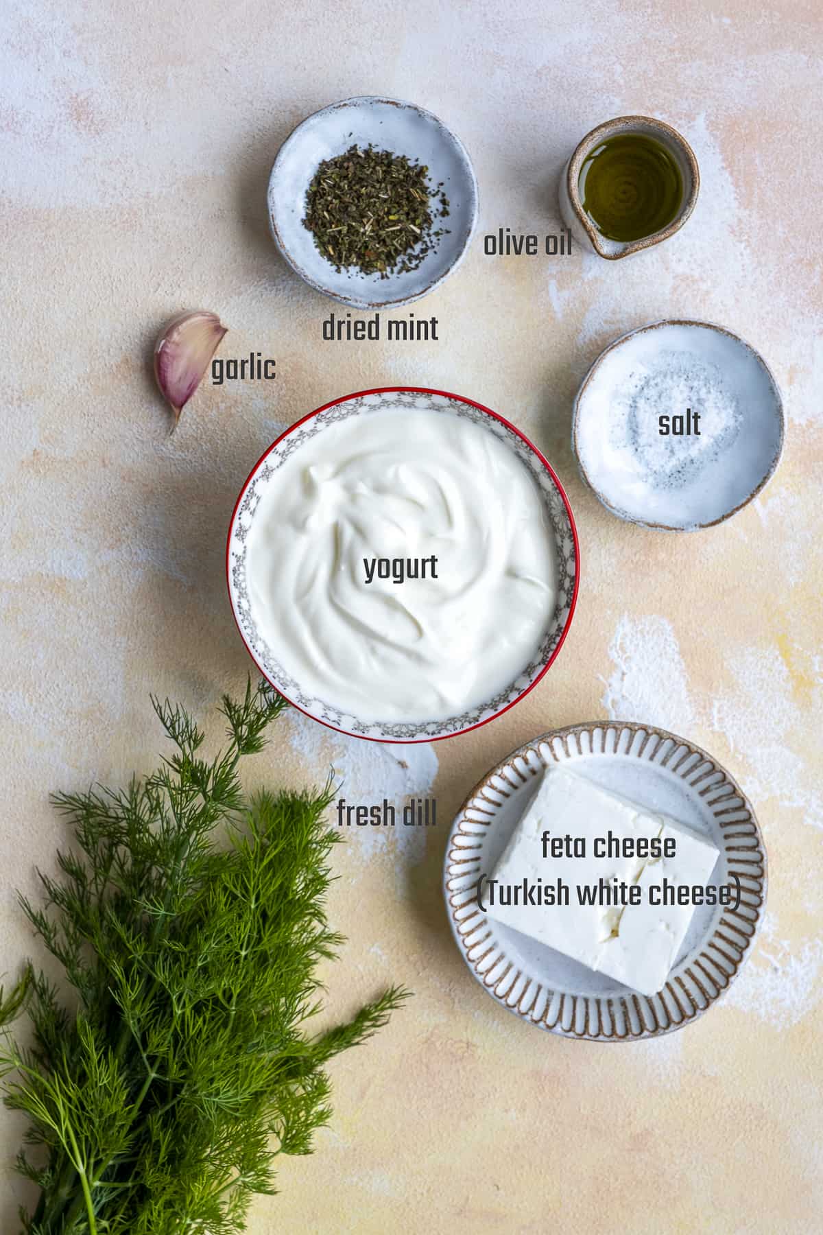 希腊酸奶，菲达奶酪，一瓣大蒜，干薄荷，橄榄油，盐和新鲜的莳萝在浅色的背景上。