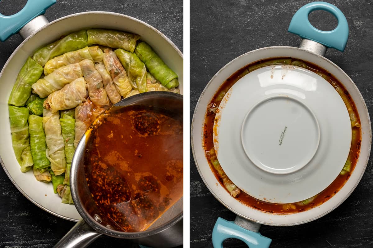 两张图片显示，在白色平底锅里放着未煮熟的卷心菜卷，上面放着番茄酱，上面放着一个盘子。