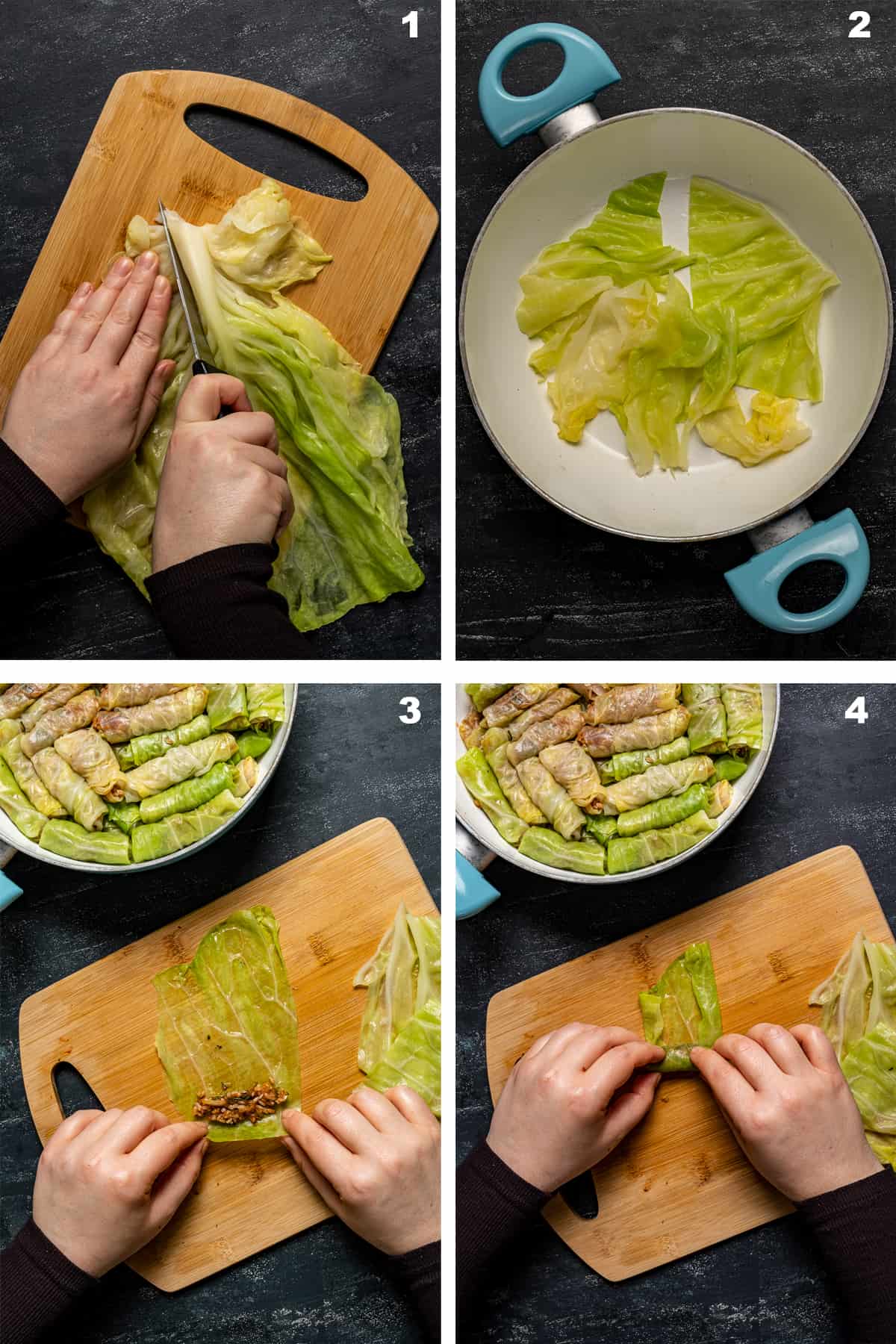 4张展示如何做卷心菜卷的图片。