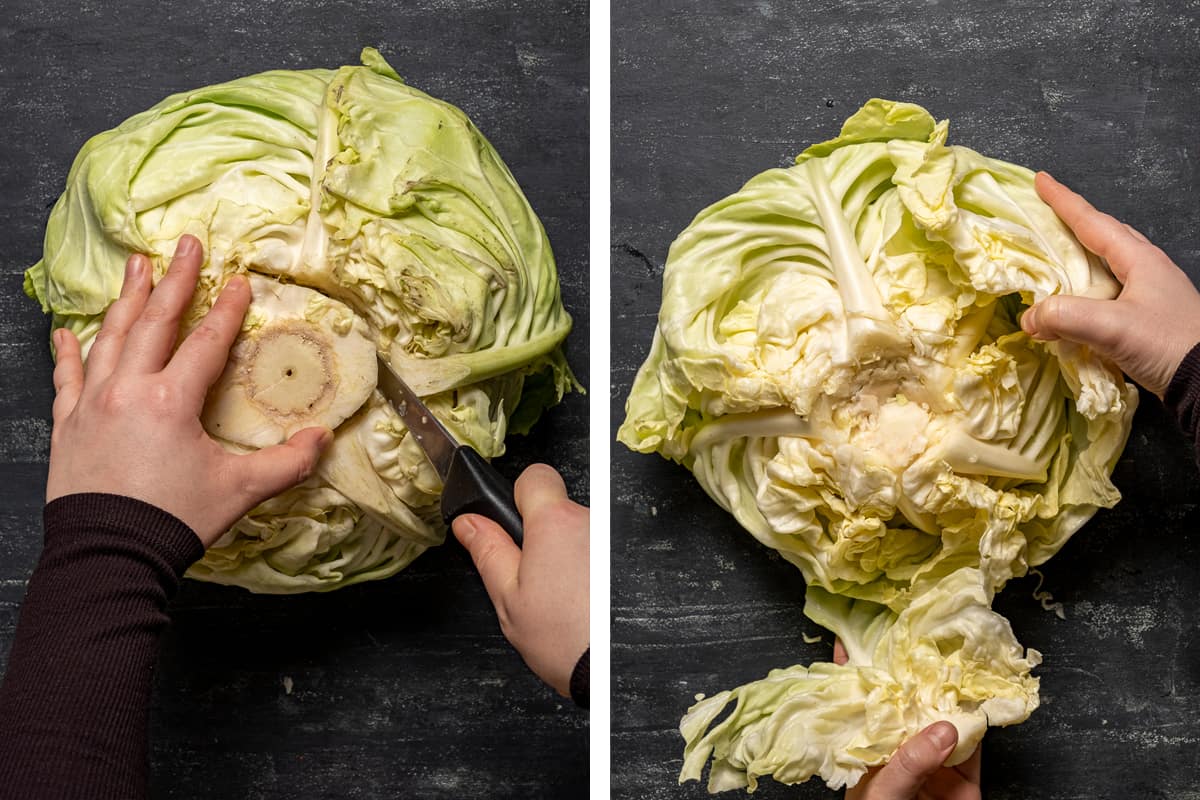 两张展示如何分离卷心菜叶子的图片。