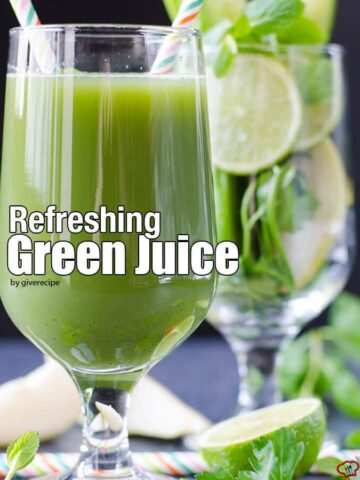 不含糖和防腐剂的清爽绿色果汁。这是一种非常健康可口的饮料，你可以很容易地在家里做。不需要榨汁机!——giverecipe.com