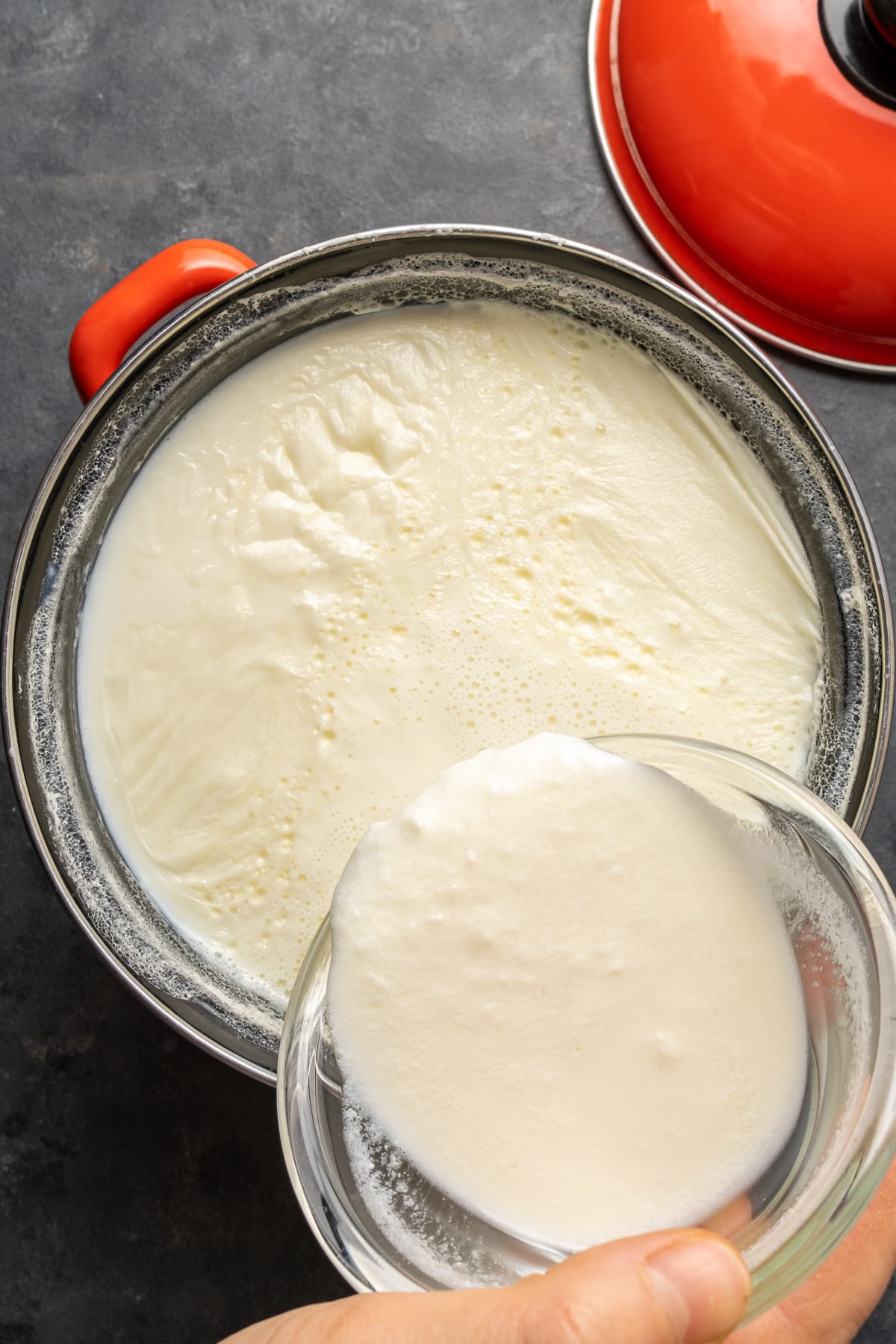 用手将酸奶发酵剂和牛奶的混合物倒入牛奶锅中。