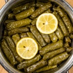 Dolmades with lemon slices on the top in a pot.