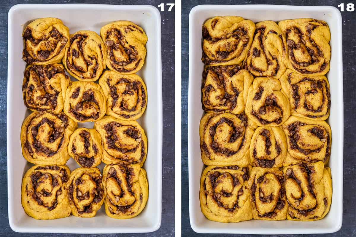 两张图片显示了烤盘里切片的肉桂卷在第二次加热之前和之后。