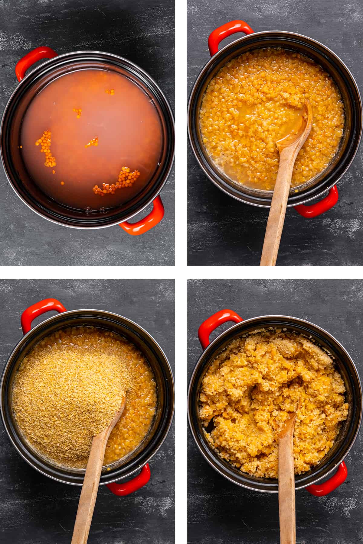 四幅拼贴画，展示了在锅里煮红扁豆和碾碎粉的步骤。