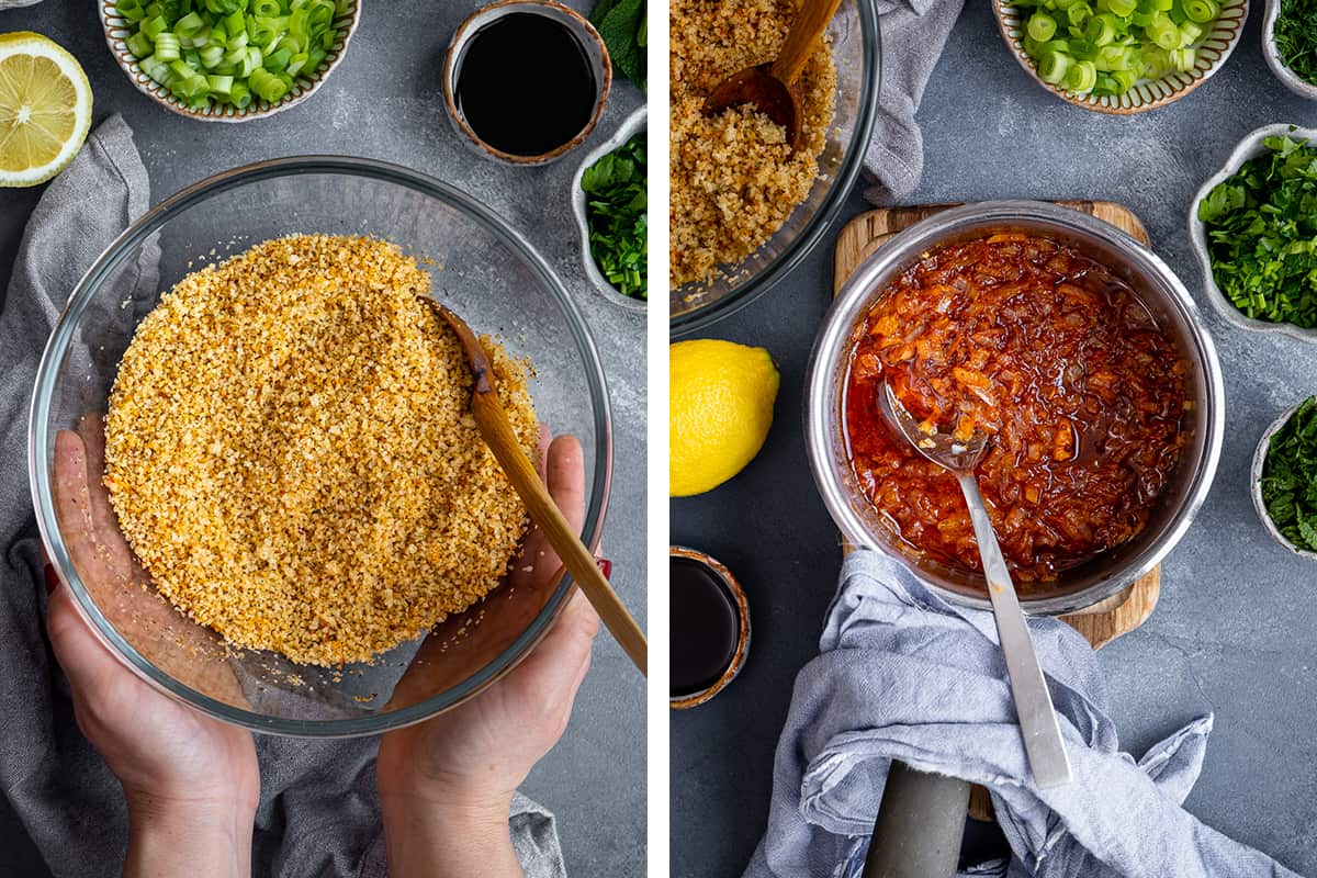 这是两幅拼贴画，分别是碗里浸泡的干小麦和炖锅里煮熟的洋葱番茄酱酱。
