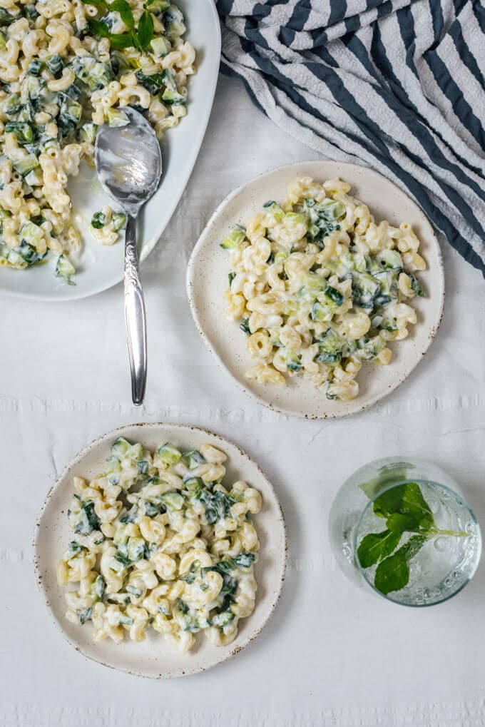 This Pasta Salad without Mayo is creamy and refreshing thanks to Greek yogurt and cucumber. Perfect summer lunch that is ready within minutes. #pastasalad #nomayo #yogurtpastasalad #pastarecipe 适合儿童的意面沙拉,不含蛋黄酱,装在陶瓷盘子里