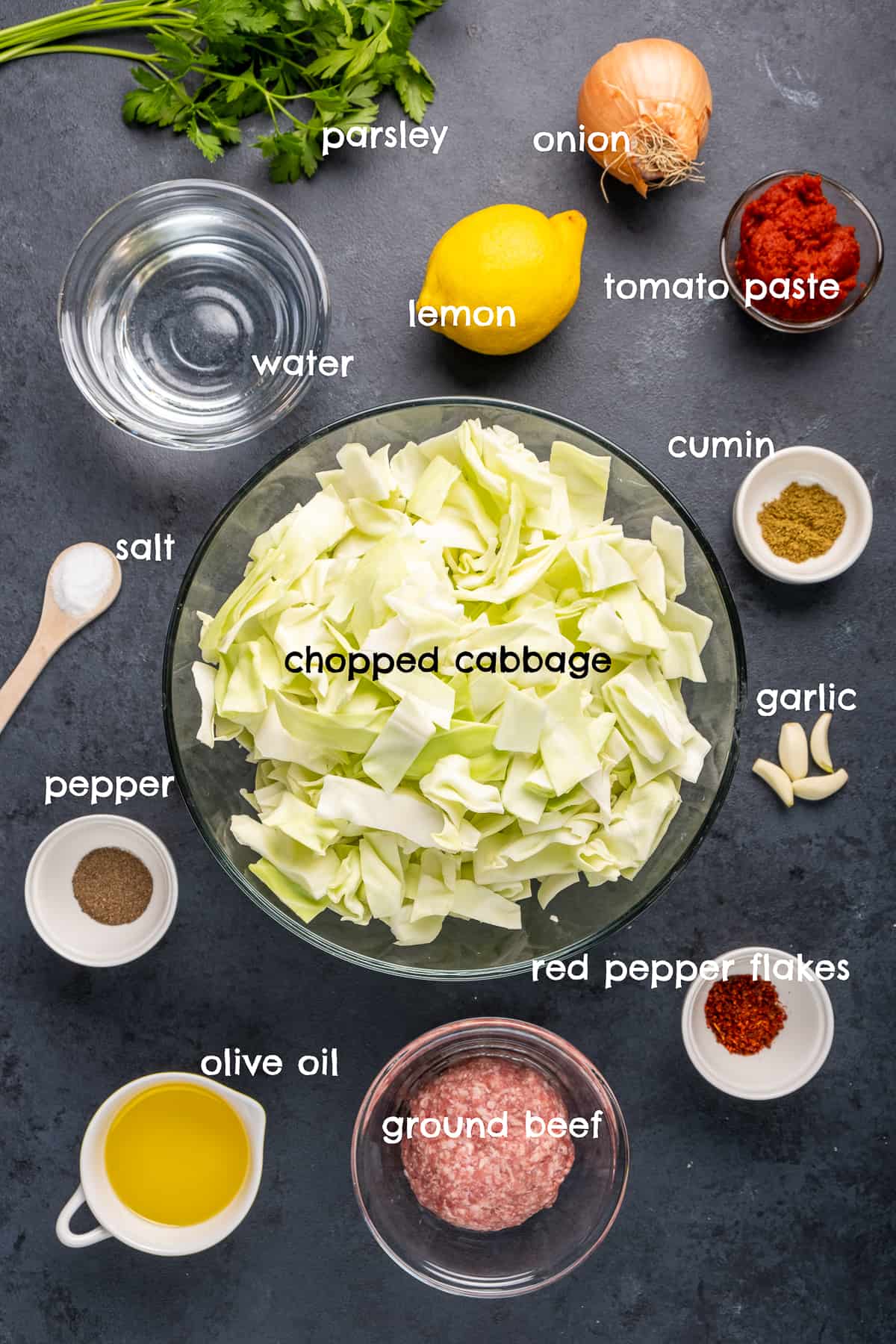 在碗中放入切碎的卷心菜，碎牛肉，橄榄油，番茄酱，柠檬，蒜瓣，洋葱，欧芹，孜然，盐和胡椒，放在深色的背景上。