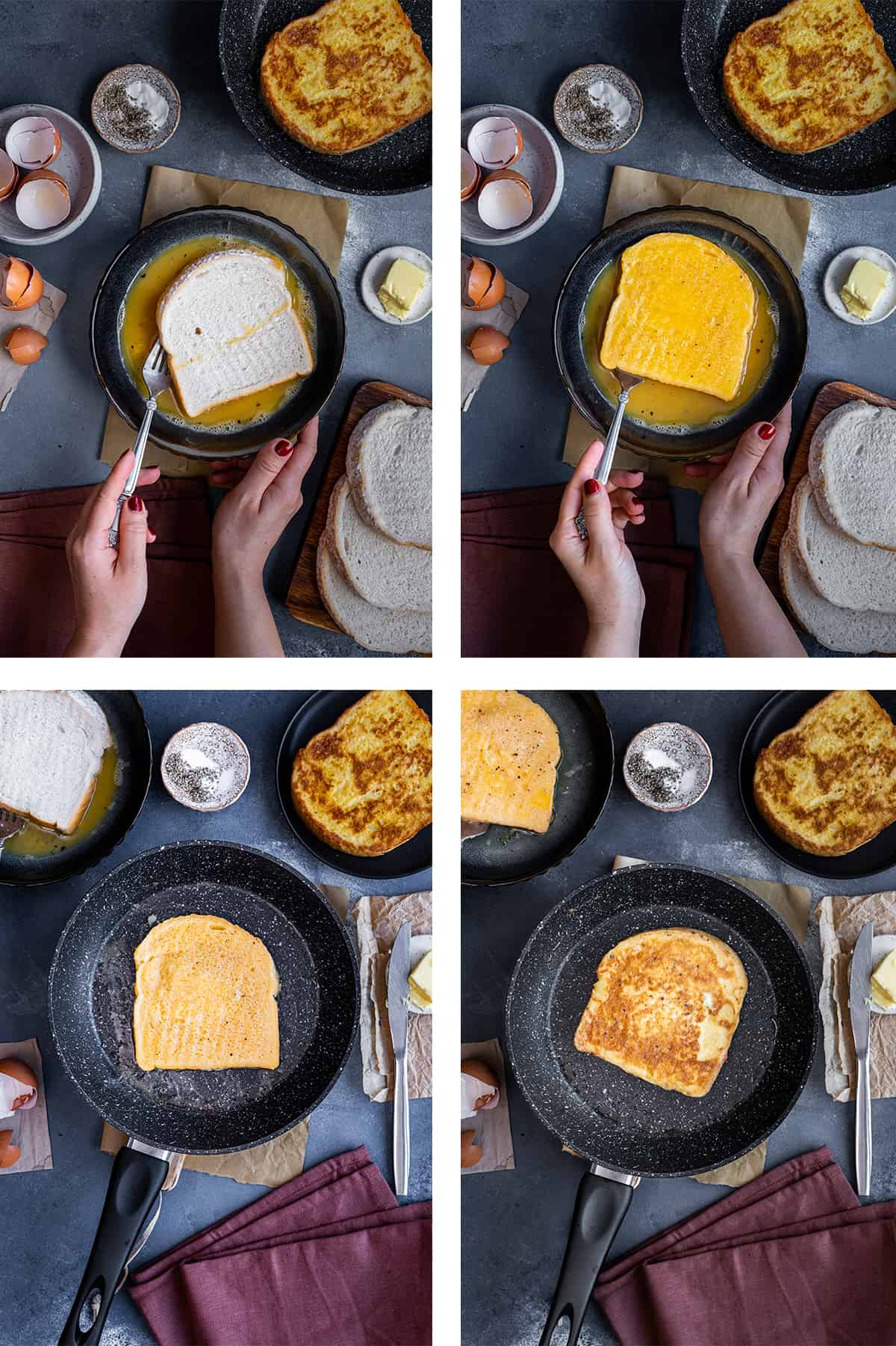 这是四张拼贴画，展示了如何在鸡蛋混合物中浸泡面包片，以及如何在不粘锅中煎。