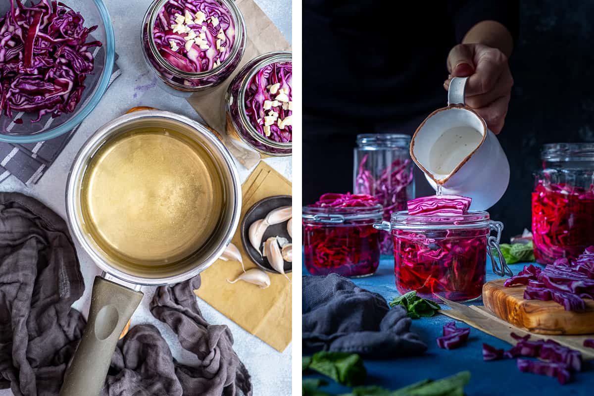 两张图片的拼贴图，展示了如何制作泡菜盐水和如何腌制卷心菜。