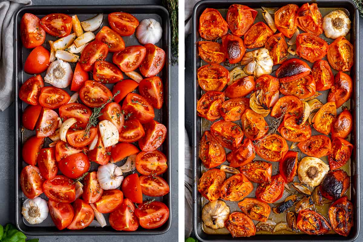 这是两张拼贴图，展示了西红柿、大蒜和洋葱在烤盘里烤之前和烤之后的样子。