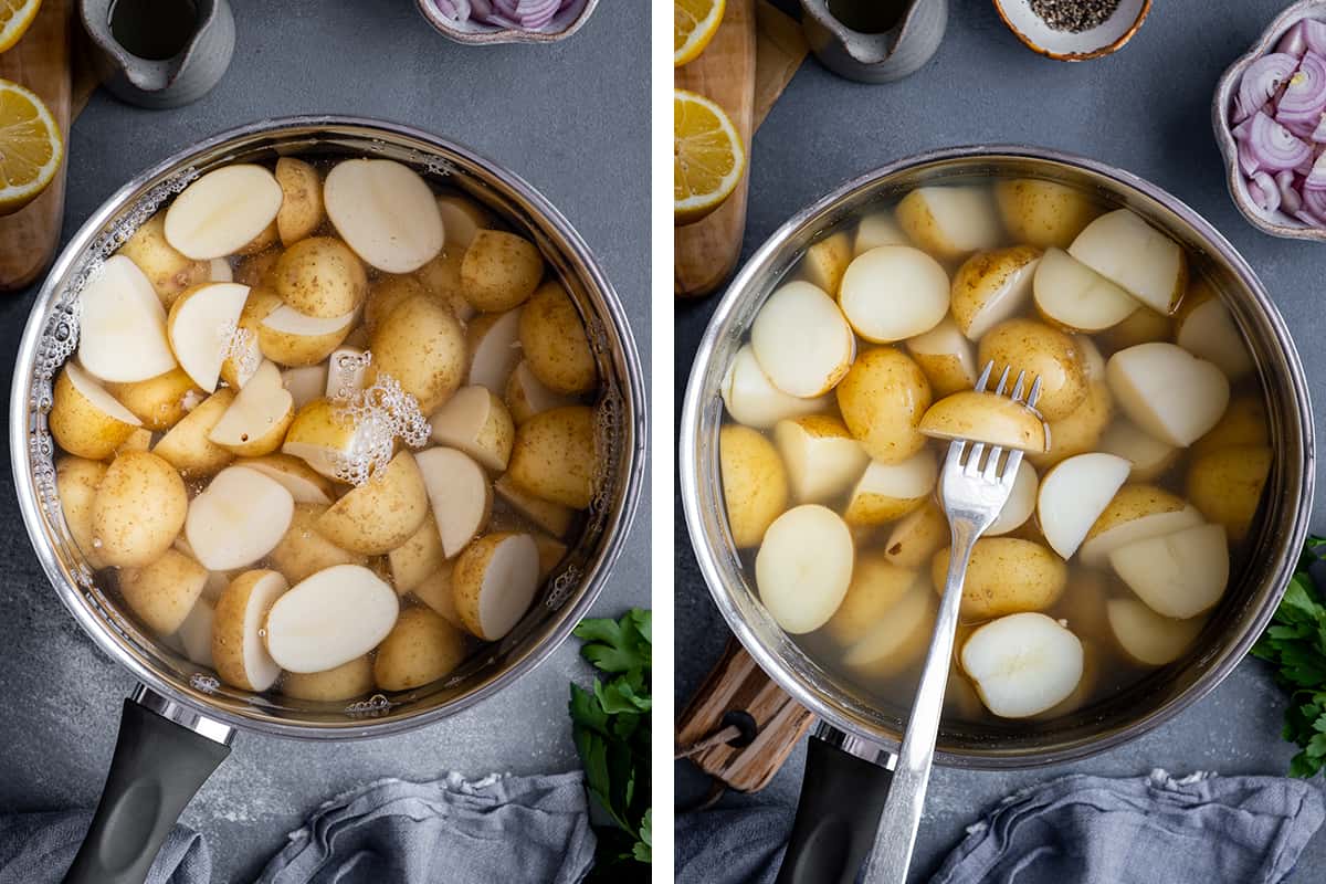 这是两幅拼贴画，展示了如何用平底锅煮土豆。
