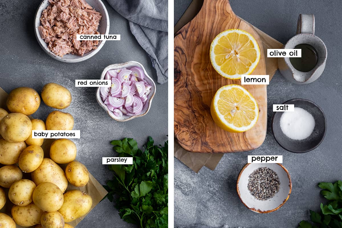 两张图片的拼贴图，分别展示了金枪鱼土豆沙拉的配料和沙拉中使用的调味料的配料。