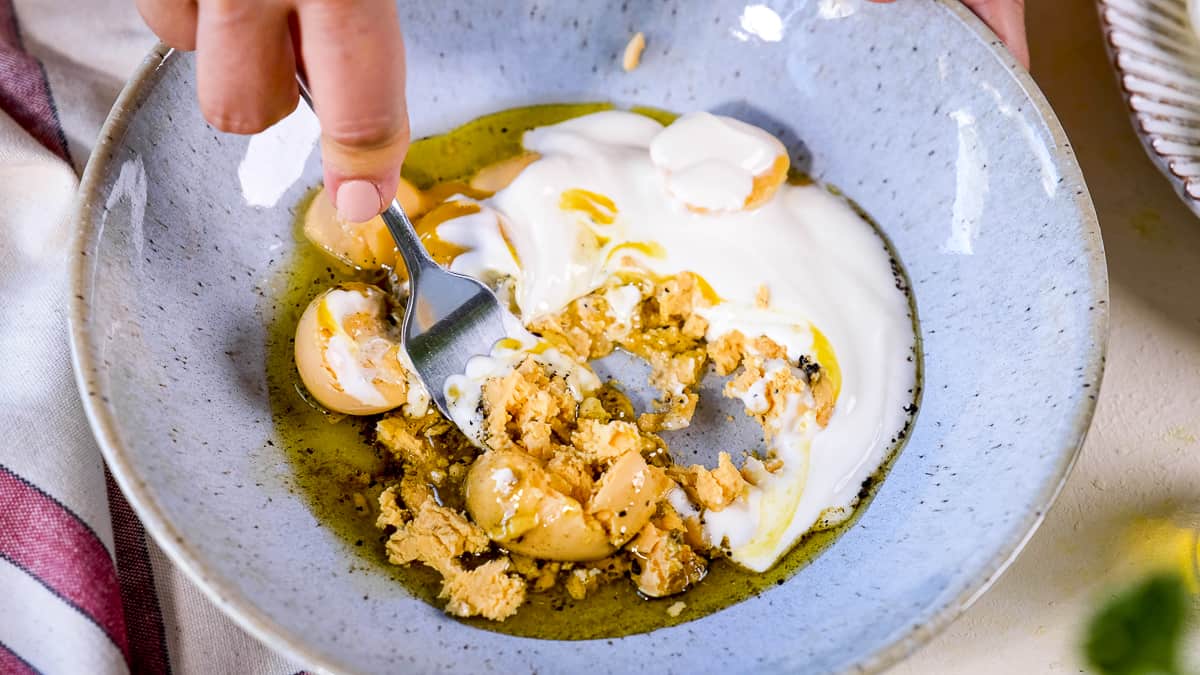 用叉子在碗里搅拌熟蛋黄和希腊酸奶。