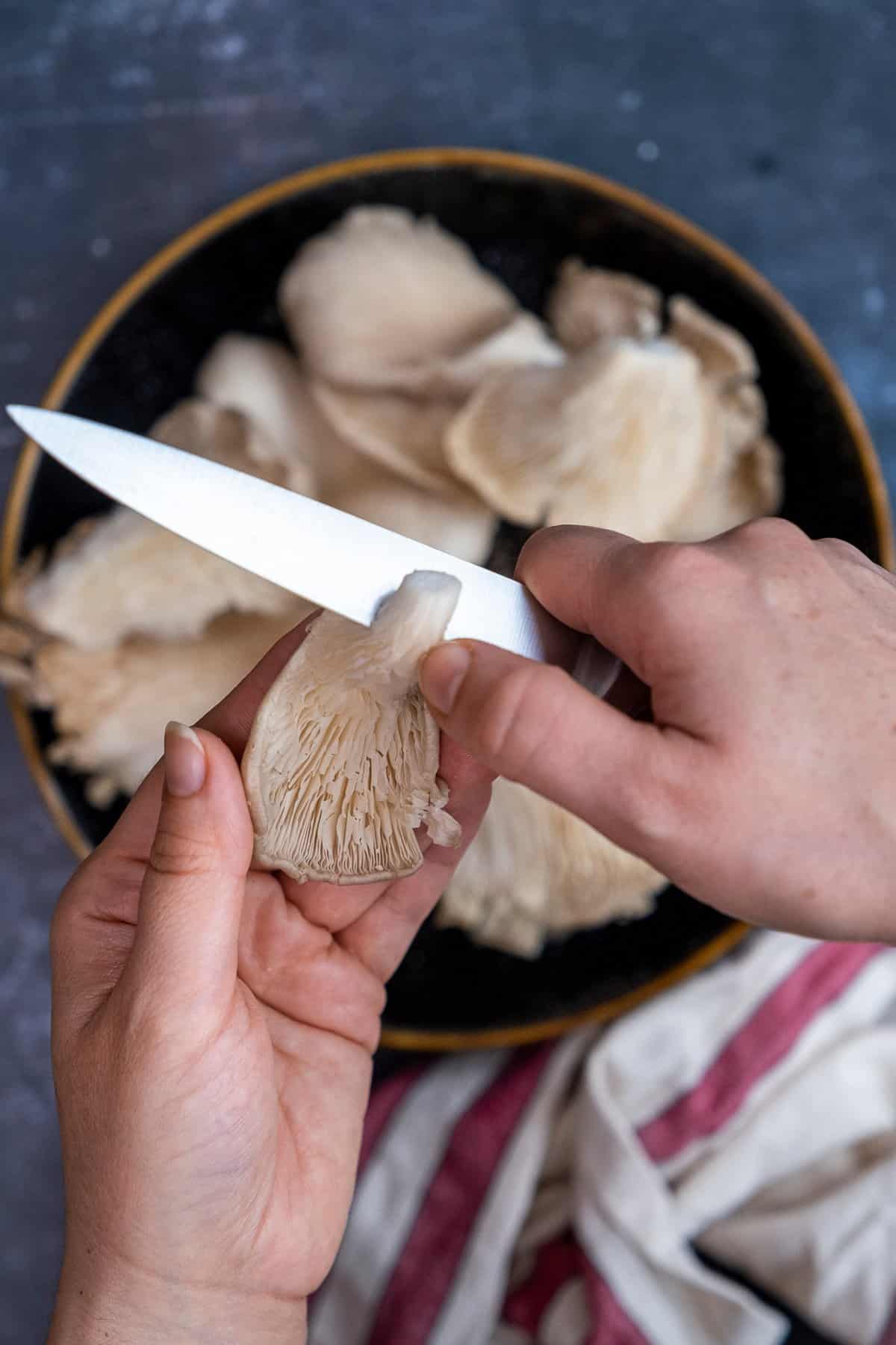 用手用刀切掉牡蛎的橡胶茎。