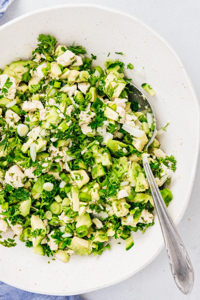 Avocado Chicken salad NO MAYO. With a mouthwatering vinaigrette. Makes a perfect summer lunch. #chickensalad #nomayosalad #mayofreechickensalad #lowcarbsalad 鸡肉沙拉,不要蛋黄酱