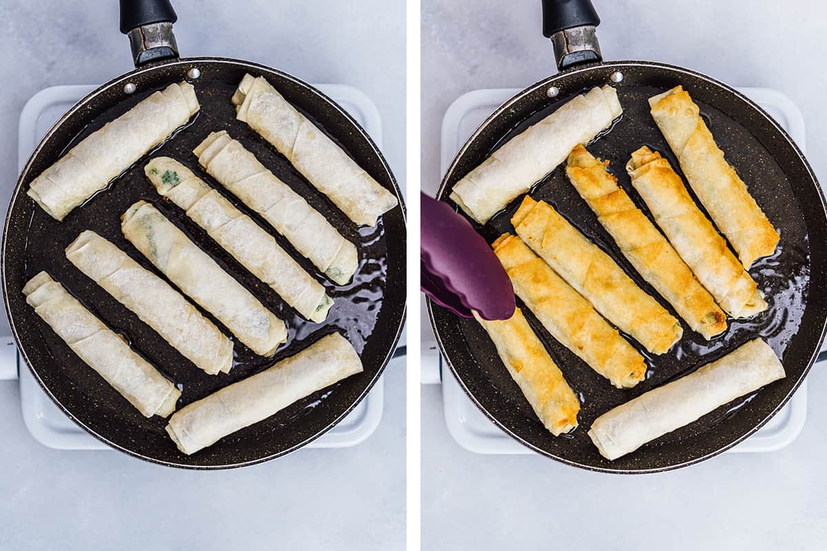 这是两张拼贴图，展示了如何煎菲达奶酪卷。