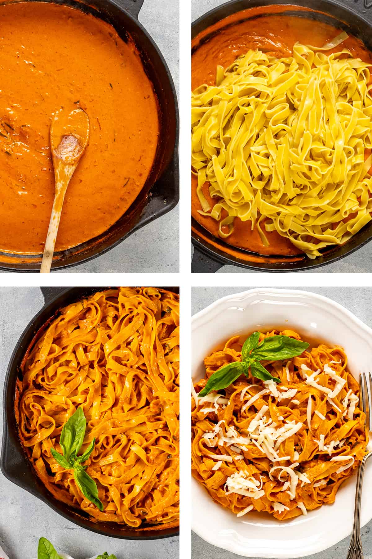 四张拼贴图，展示如何制作番茄奶油酱，以及如何将酱汁与意大利面搭配。