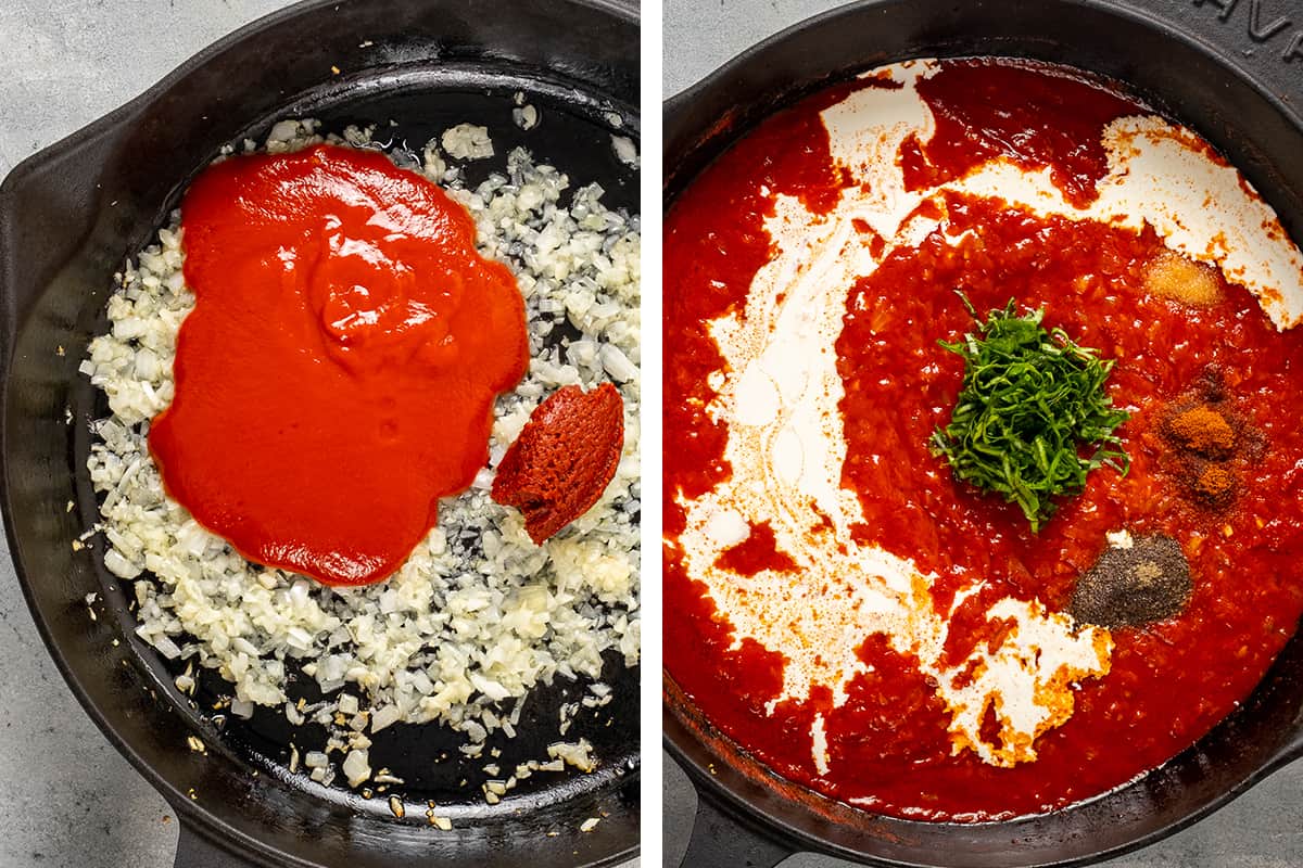 这是一幅拼贴画，上面有两张图片，展示了如何用番茄酱烹饪洋葱，以及如何加入浓奶油和新鲜罗勒。