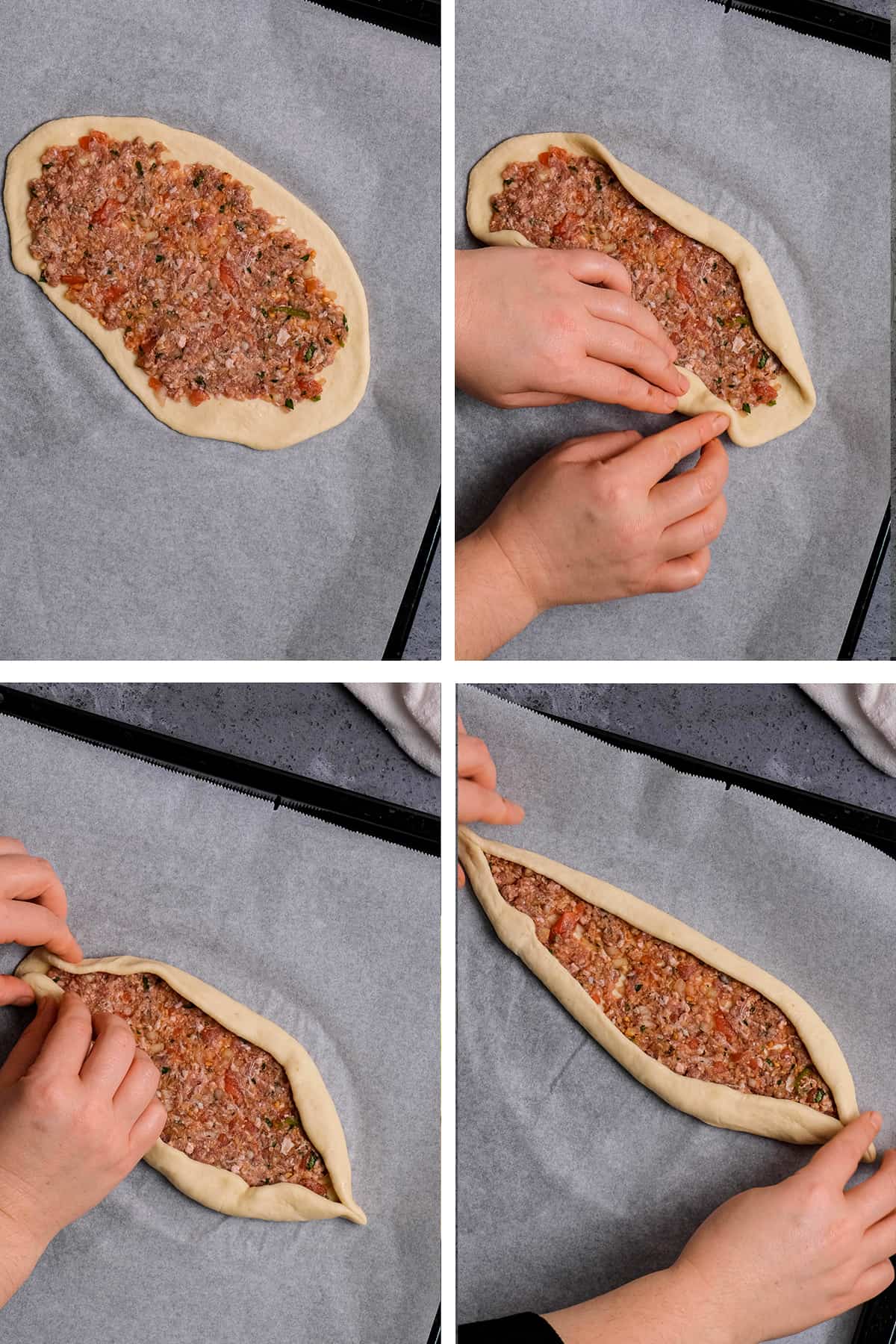 如何用碎肉做馅料,这是四张图片的拼贴图。