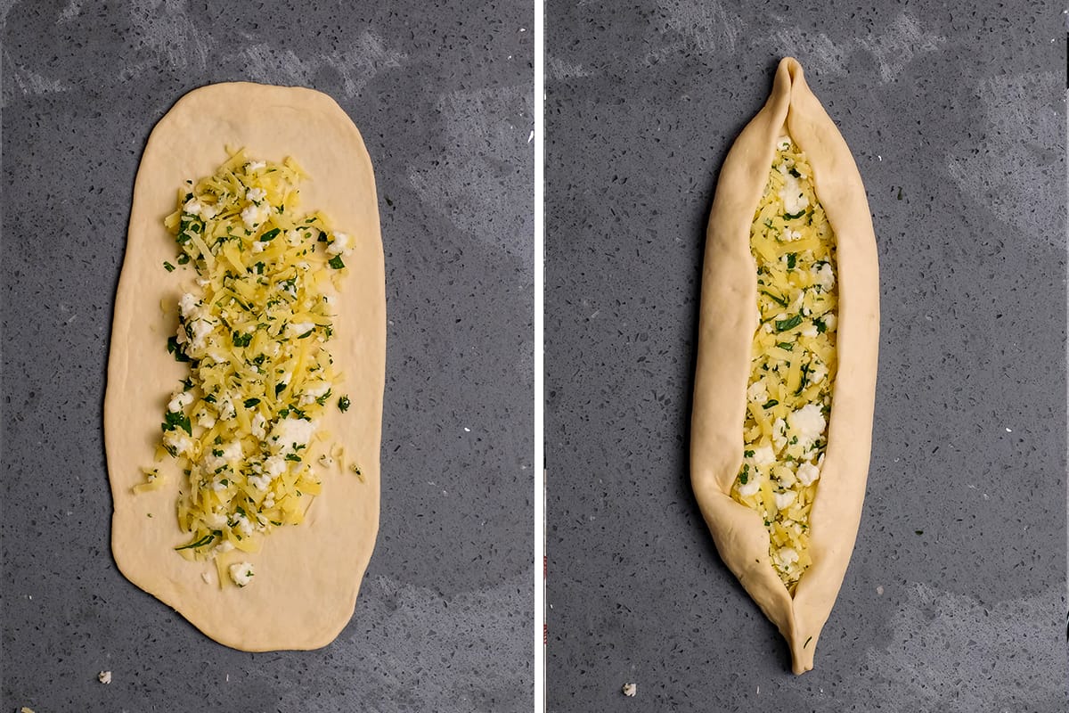 两张图片的拼贴画展示了奶酪的成型。