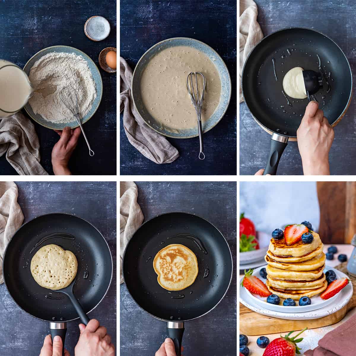 这是一个由六张图片组成的拼贴图，展示了如何准备煎饼面糊，如何用平底锅煮煎饼以及如何上桌。