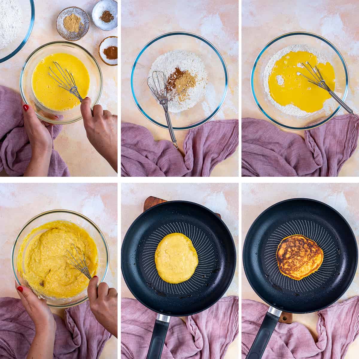 这是一组拼贴画，展示了如何用煎饼粉制作南瓜煎饼。