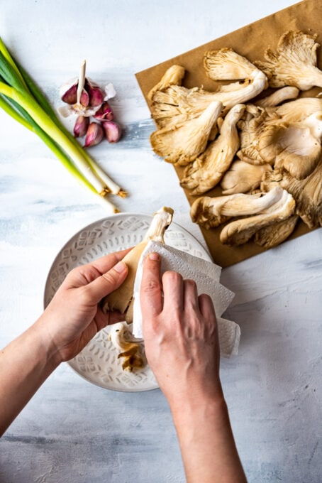 显示如何用纸厨房毛巾准备牡蛎蘑菇