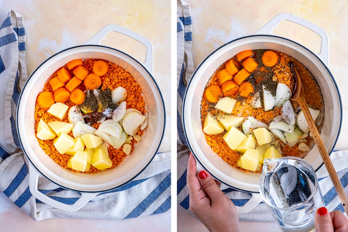 两张图片展示了如何在一个大锅里做扁豆汤。