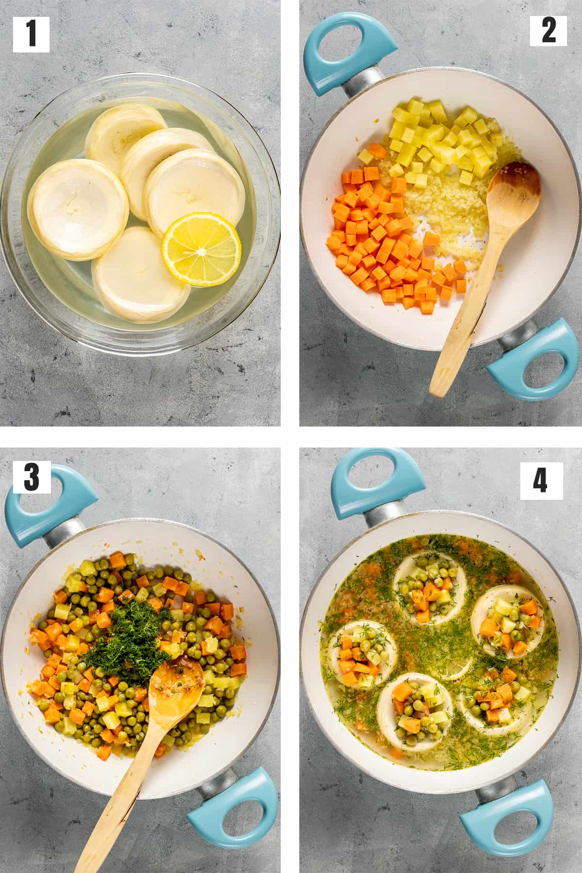 四个图片的拼贴显示如何烹饪与potatotes洋蓟,胡萝卜和豌豆。