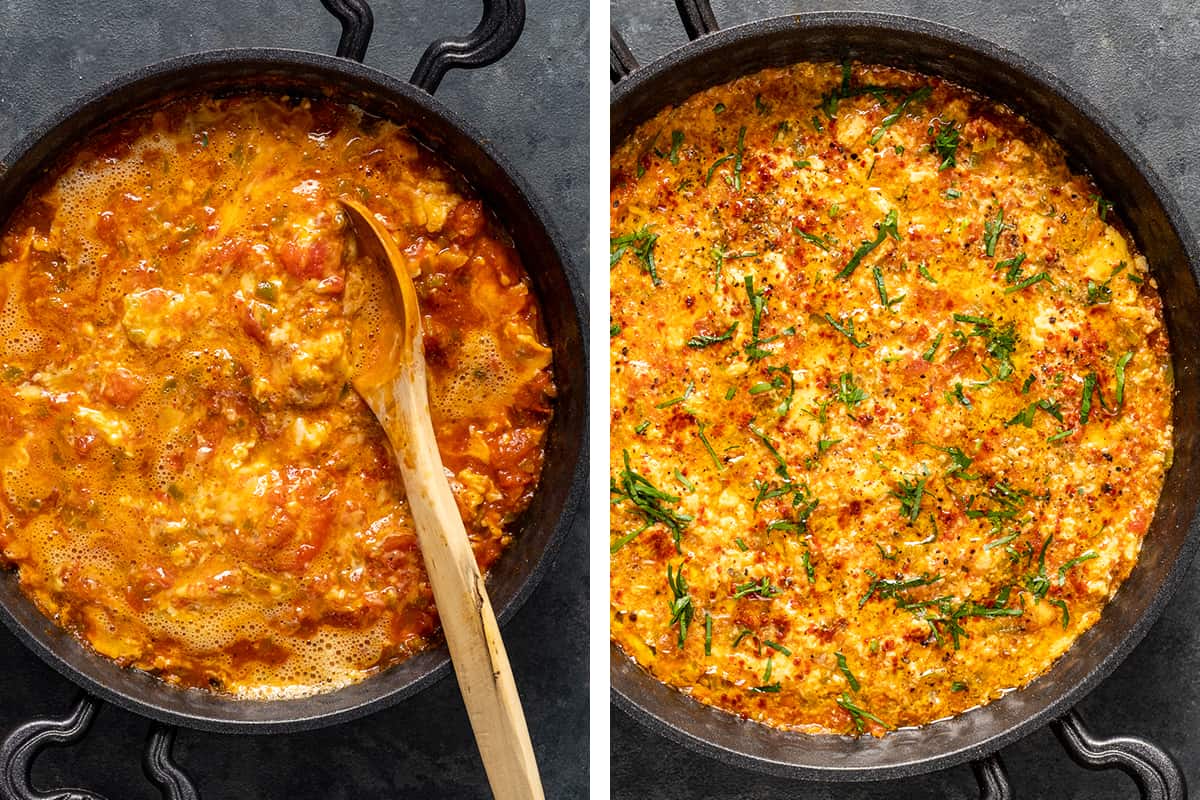 这是两张拼贴画，展示了如何将煮熟的西红柿和辣椒与鸡蛋放在平底锅里。