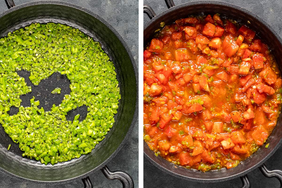 两张图片显示的拼贴如何烹饪锅青椒和西红柿。