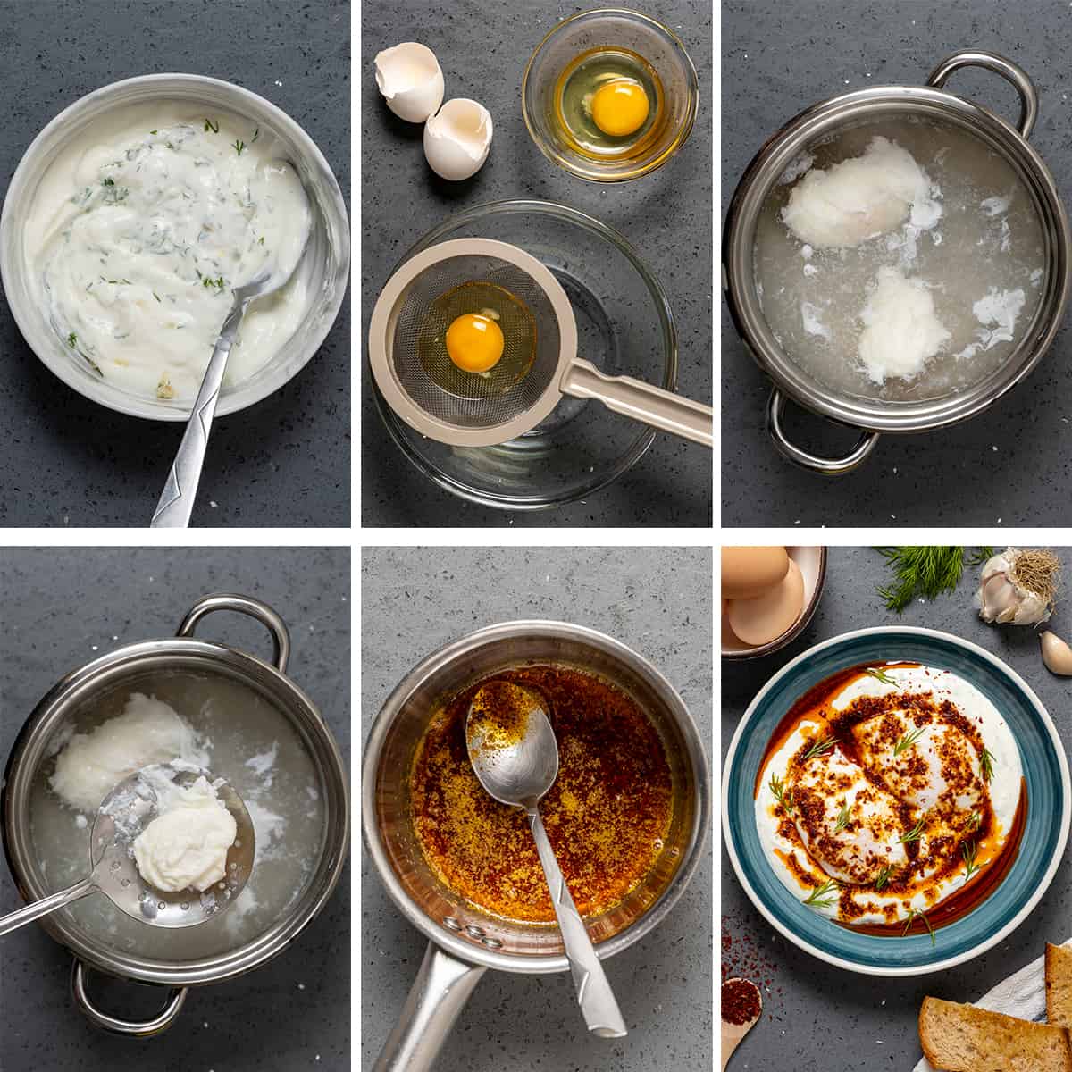 这是一幅由六张图片组成的拼贴画，展示如何制作土耳其鸡蛋。