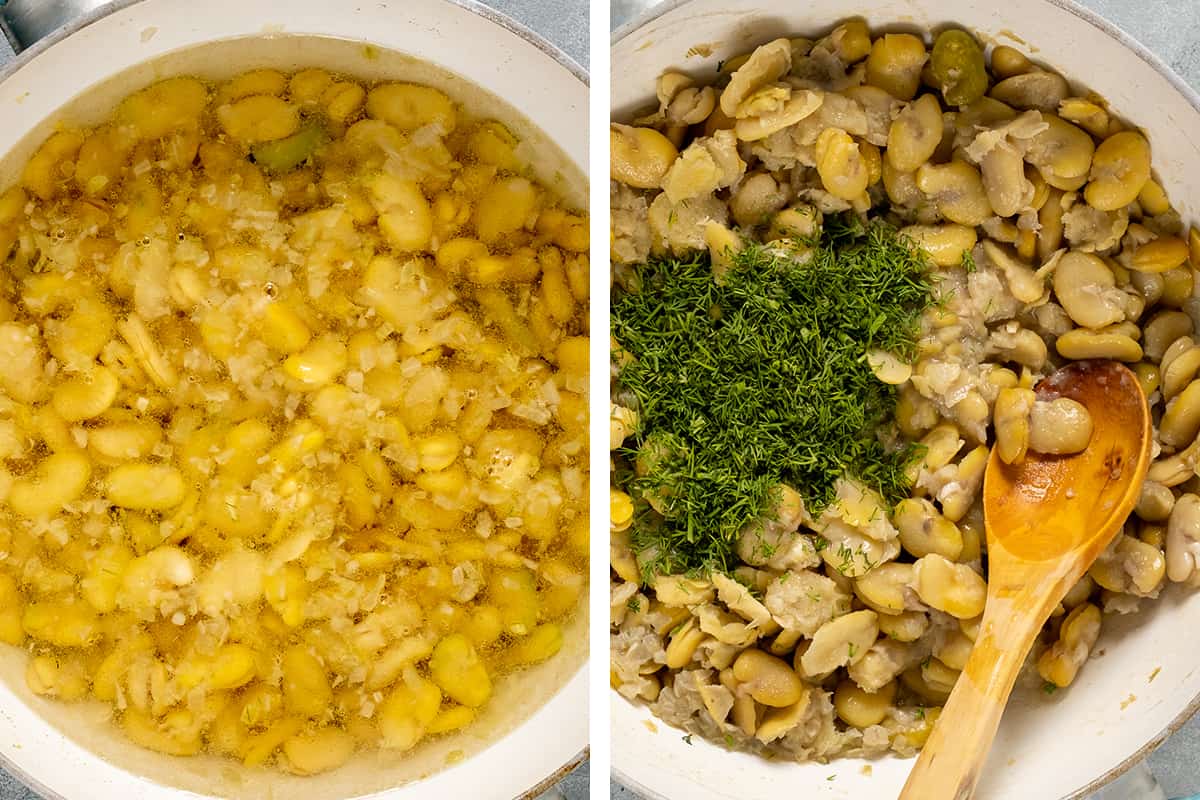 这是两幅展示如何烹饪干蚕豆的拼贴画。