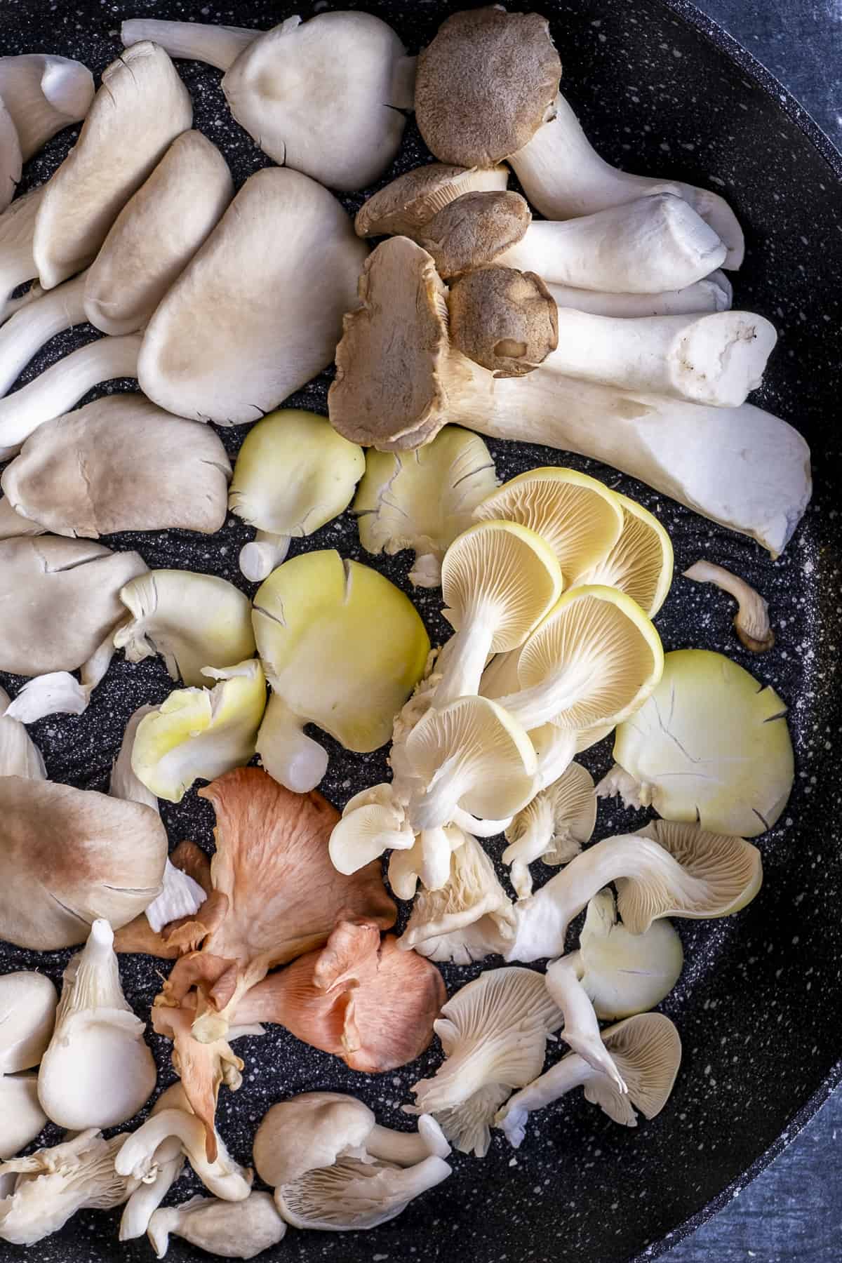 灰色、粉色、黄色的珍珠蚝菇和王蚝菇一起放在平底锅里。