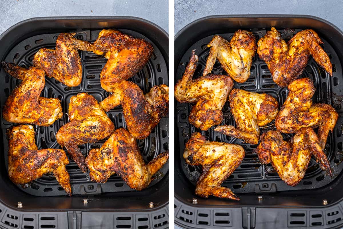 拼贴两张图片，展示如何在空气炸锅中制作整只鸡翅。