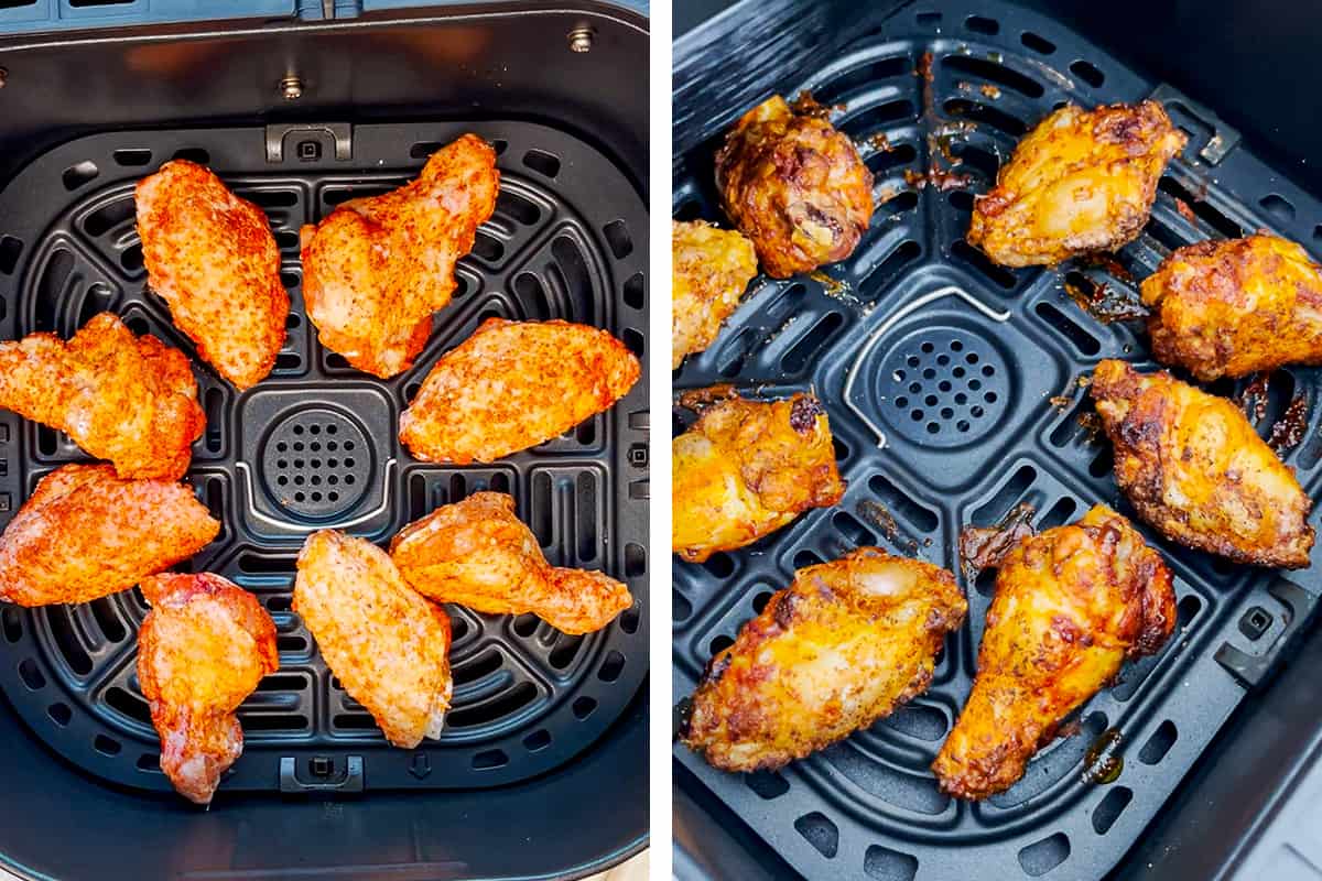 拼贴的两张照片显示鸡翅在空气炸锅之前和之后烹饪。