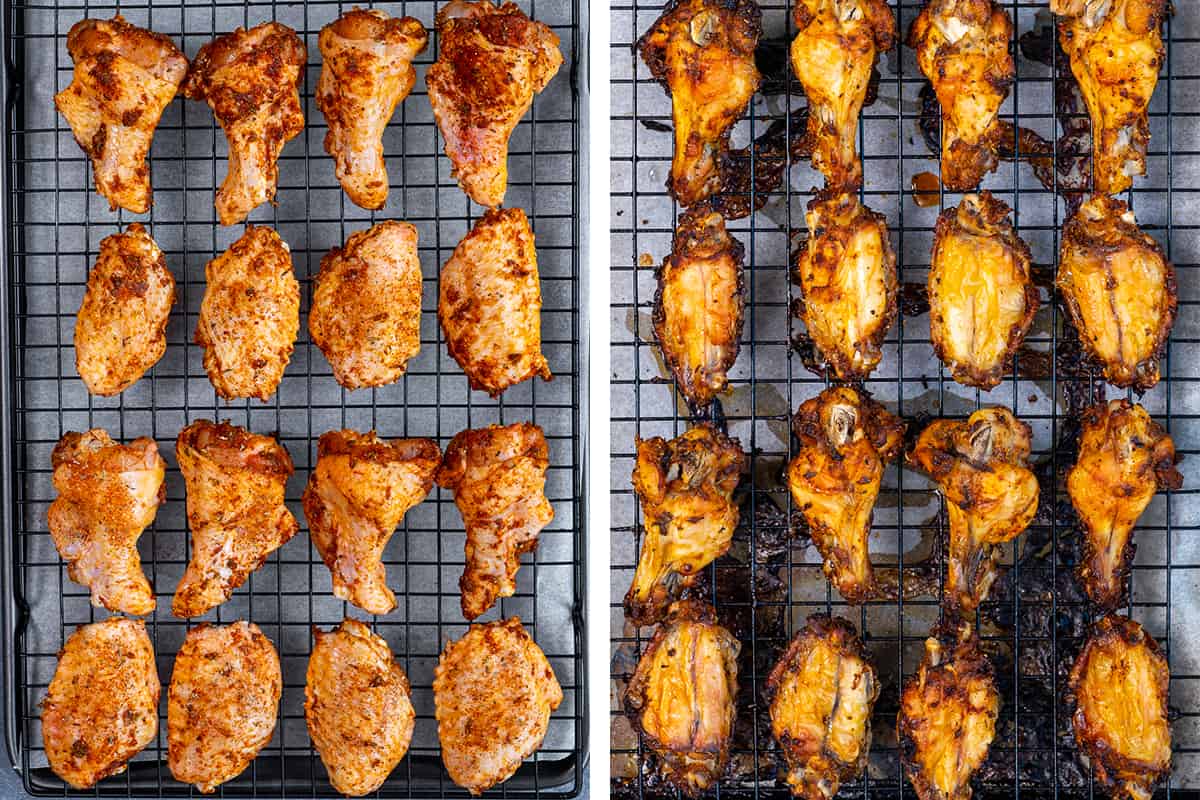 这是一幅拼贴画，展示了烹饪前后烤架上的鸡翅。