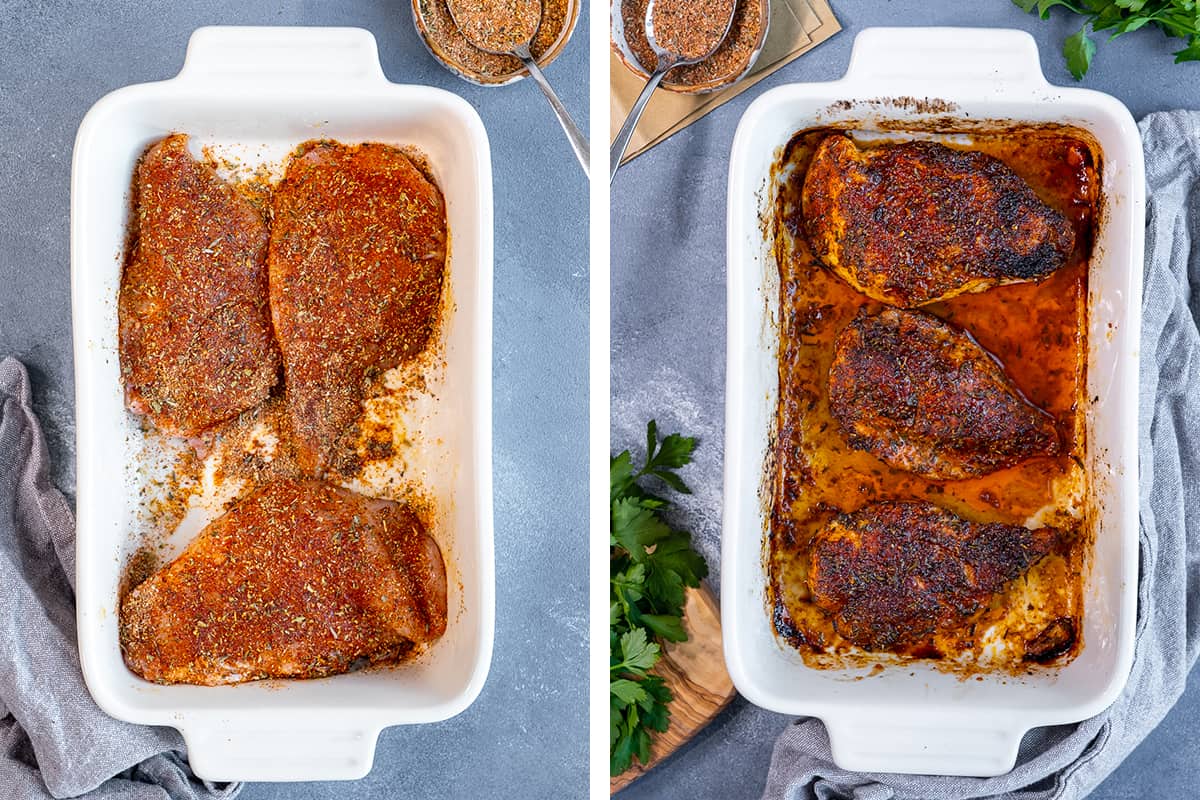 这是两张拼贴图，展示了烤前和烤后的干擦鸡胸肉。